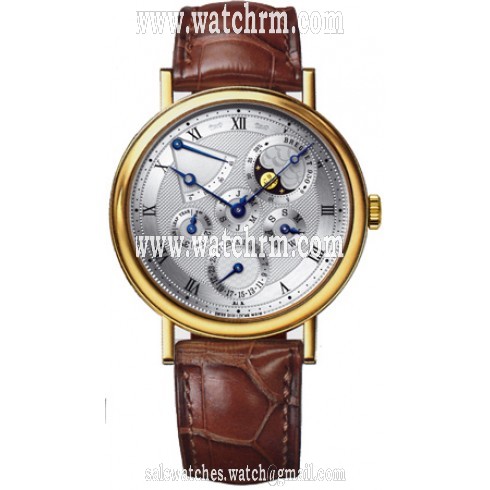 Breguet Classique Perpetual Calendar Silver Dial 18kt Yellow Gold Brown Leather Men's Watch 5327BA1E9V6