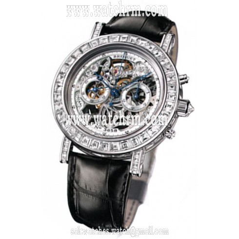 Breguet Classique Skeleton Dial 18kt White Gold Diamond Black Leather Men's Watch 5238BB109V6DD00