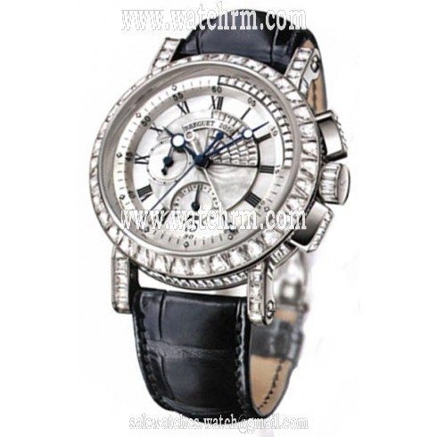 Breguet Marine Chronograph Mother of Pearl Diamond Dial 18kt White Gold Black Leather Men's Watch 5829BB8D9ZUDD0D