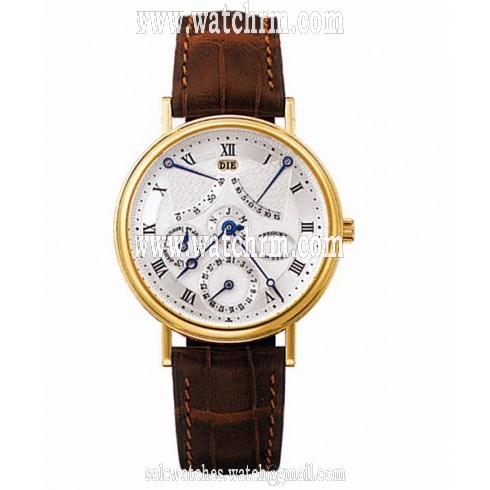 Breguet Perpetual Calendar Equation of Time Silver Dial 18kt Yellow Gold Brown Leather Men's Watch 3477BA1E986