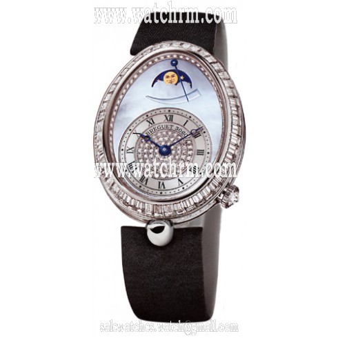 Breguet Reine de Naples Blue Mother of Pearl Dial 18kt White Gold Diamond Black Satin Ladies Watch 8909BBVD864D00D
