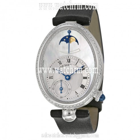 Breguet Reine De Naples Mother of Pearl Dial 18kt White Gold Diamond Black Satin Ladies Watch 8908BB52864D00D