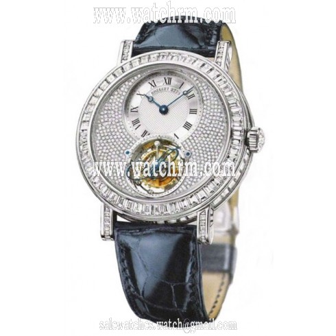 Breguet Tourbillion Diamond Pave Dial 18kt White Gold Blue Leather Men's Watch 5359BB6B9V6DD0D