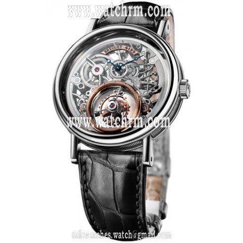 Breguet Tourbillion Messidor Skeleton Dial Platinum Black Leather Men's Watch 5335PT429W6