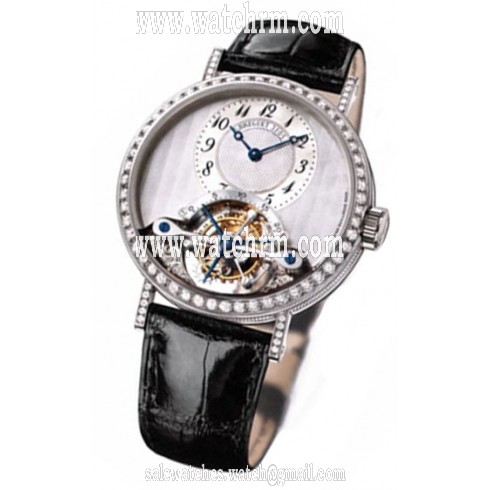 Breguet Tourbillion Mother of Pearl Dial 18kt White Gold Diamond Black Leather Ladies Watch 3358BB52986DD00