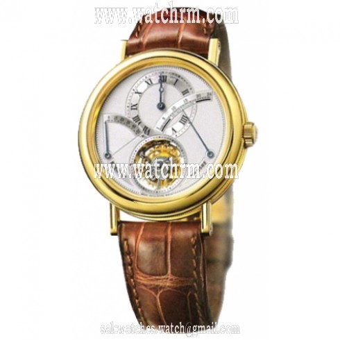 Breguet Tourbillion Power Reserve Silver Dial 18kt Yellow Gold Brown Leather Men's Watch 3657BA129V6