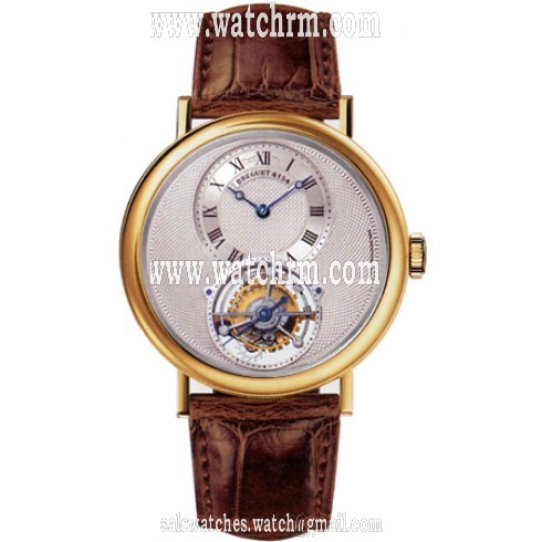 Breguet Tourbillion Silver Dial 18kt Yellow Gold Brown Leather Men's Watch 5357BA129V6