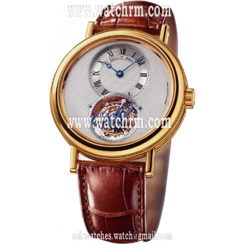 Breguet Tourbillion Silver Dial 18kt Yellow Gold Brown Leather Men's Watch 5357BA1B9V6