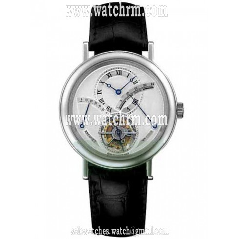 Breguet Tourbillion Silver Dial Platinum Black Leather Men's Watch 3657PT129V6