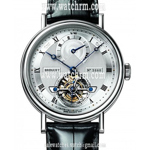 Breguet Tourbillion Silver Dial Platinum Black Leather Men's Watch 5317PT129V6