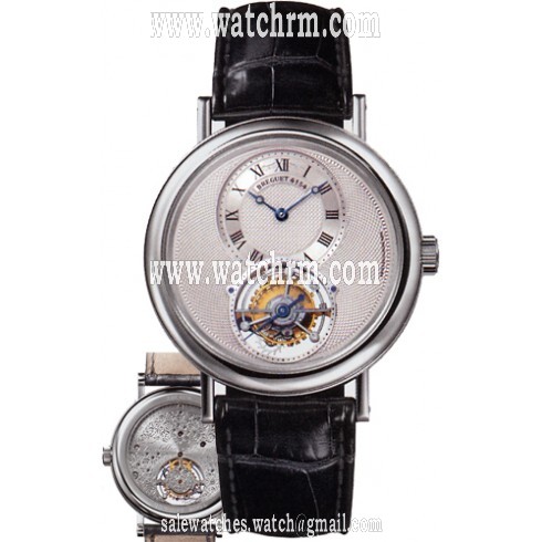 Breguet Tourbillion Silver Dial Platinum Black Leather Men's Watch 5357PT129V6