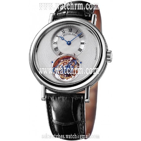 Breguet Tourbillion Silver Dial Platinum Black Leather Men's Watch 5357PT1B9V6