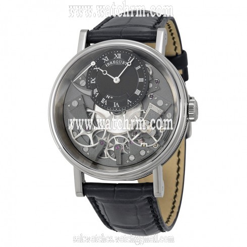 Breguet Tradition Black and Grey Skeleton Dial 18k White Gold Black Leather Men's Watch 7057BBG99W6