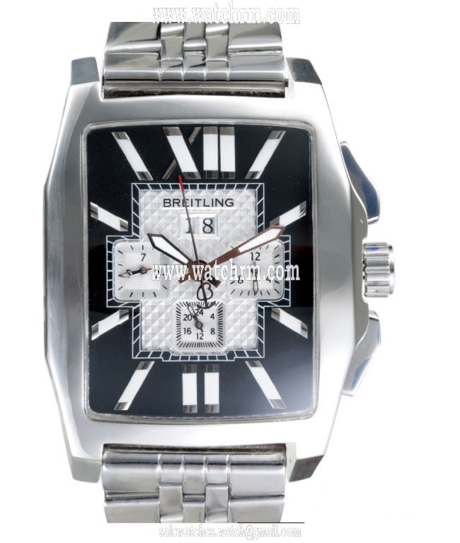 Breitling Bentley Flying B Chronograph Black Dial Steel Mens Silver Cow Leather Strap Watch