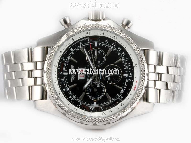 Breitling Bentley Motors 6.75 Black Dial 49mm Silver Stainless Steel Strap Mens Watch