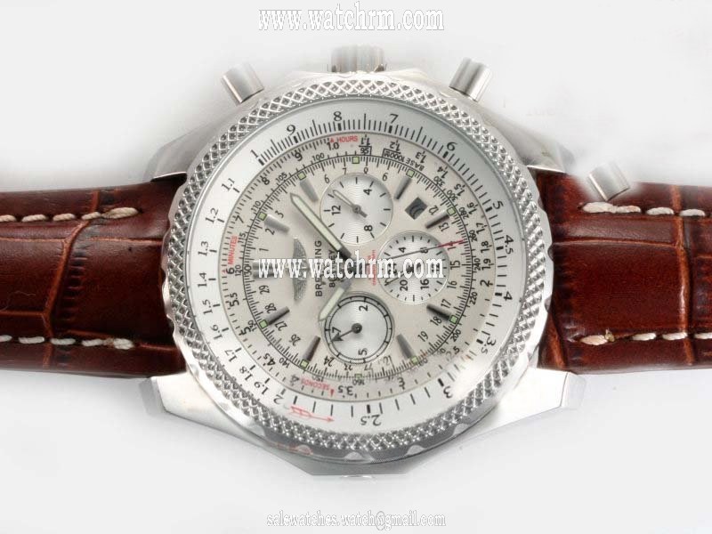 Breitling Bentley Motors Grey Dial Mens Brown Crocodile Leather Strap Watch
