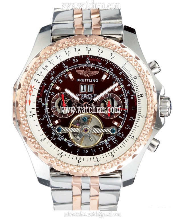 Breitling Bentley Motors Mulliner Tourbillon A 25363 Brown Dial Silver Rose Gold Strap Round Watch