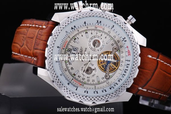 Breitling Bentley Motors Mulliner Tourbillon Beige Dial 49mm Brown Ostrich Leather Strap Mens Watch
