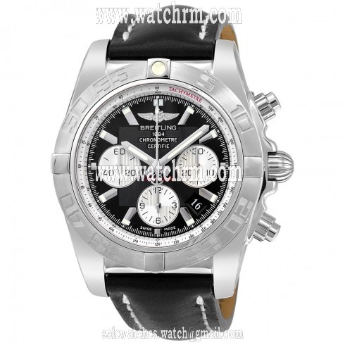 Breitling Chronomat 44 Black Dial Black Leather Men's Watch AB011011-B967BKLT