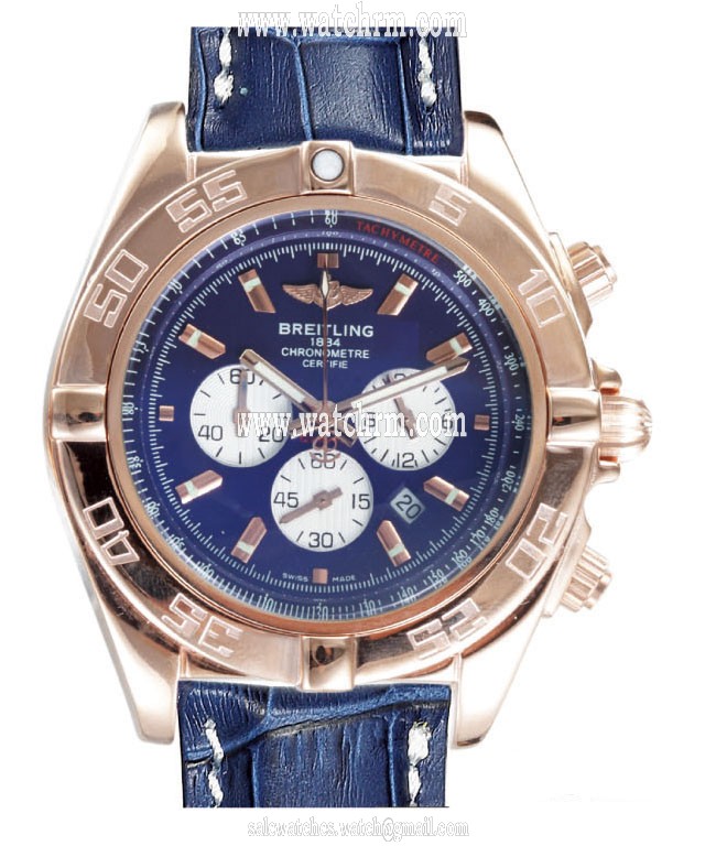 Breitling Chronomat B01 AB011012/C788 Rose Gold Bezel Mens Blue Ostrich Leather Strap Watch