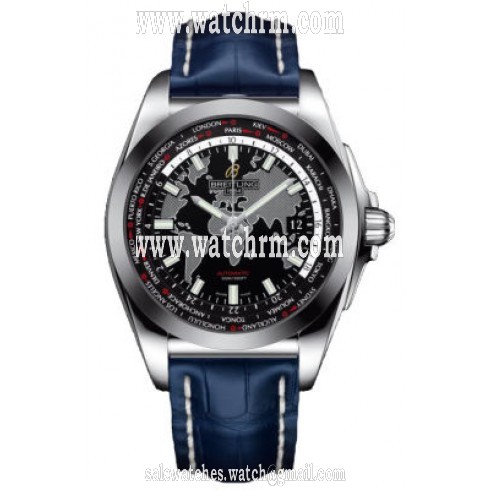 Breitling Galactic Unitime Black Dial Blue Crocodile Leather Men's Watch WB3510U4-BD94BLCD