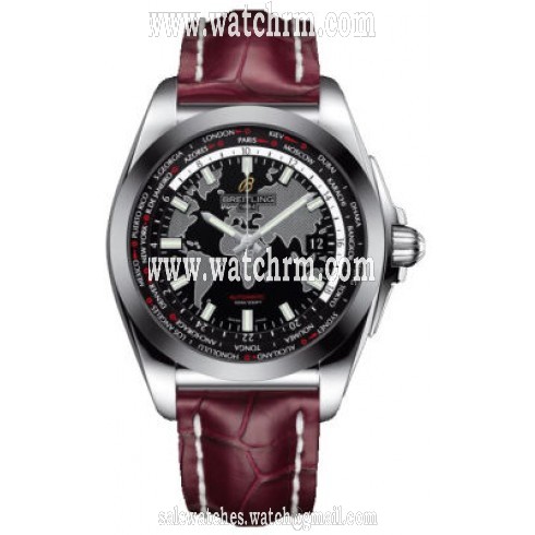 Breitling Galactic Unitime Black Dial Burgundy Crocodile Leather Men's Watch WB3510U4-BD94BGCD
