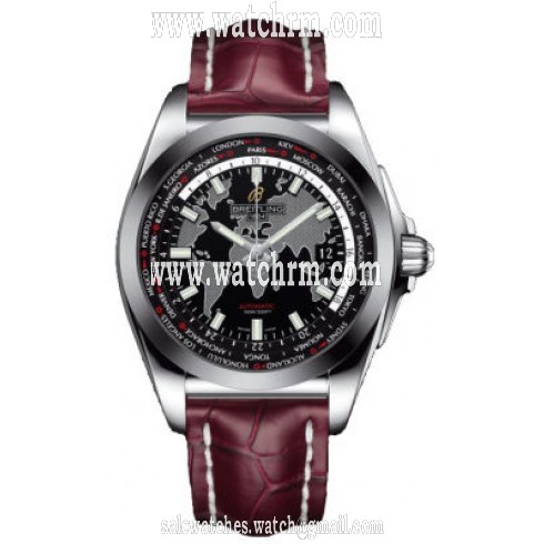 Breitling Galactic Unitime Black Dial Burgundy Crocodile Leather Men's Watch WB3510U4-BD94BGCT