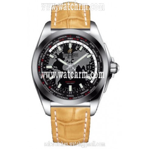 Breitling Galactic Unitime Black Dial Camel Crocodile Leather Men's Watch WB3510U4-BD94CMCD