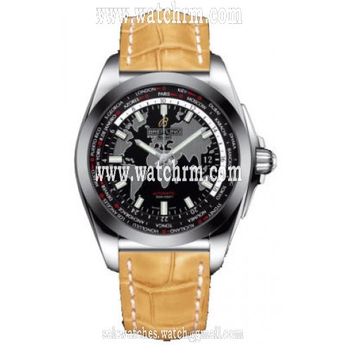 Breitling Galactic Unitime Black Dial Camel Crocodile Leather Men's Watch WB3510U4-BD94CMCT
