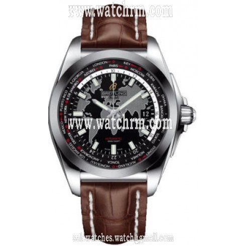 Breitling Galactic Unitime Black Dial Dark Brown Crocodile Leather Men's Watch WB3510U4-BD94DBRCT