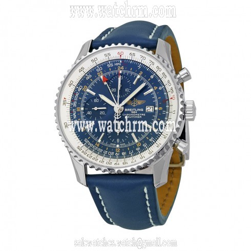 Breitling Navitimer World Automatic Chronograph Blue Dial Blue Leather Men's Watch A2432212-C651BLLD