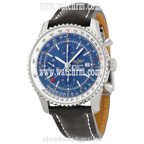 Breitling Navitimer World Chronograph Blue Dial Black Leather Men's Watch A2432212-C651BKLD