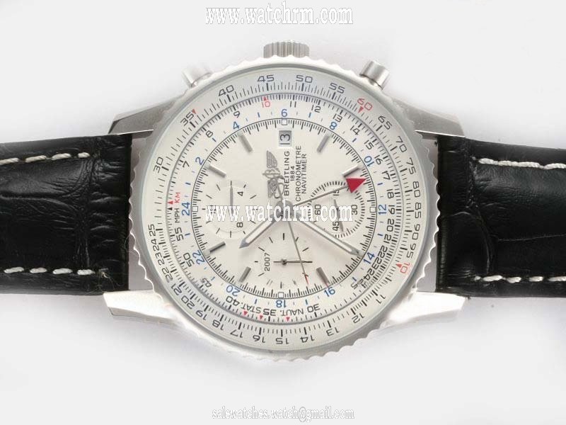Breitling Navitimer World Steel 4 Mens Black Cow Leather Strap 46mm Watch
