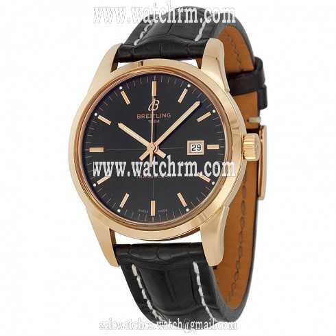 Breitling Transocean Black Dial Rose Gold Black Leather Automatic Men's Watch R1036012-BA92BKCT