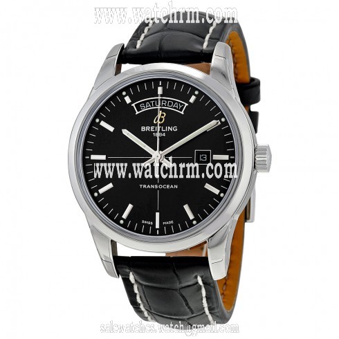 Breitling Transocean Day & Date  Automatic Black Dial Black Leather Men's Watch A4531012-BB69BKCT