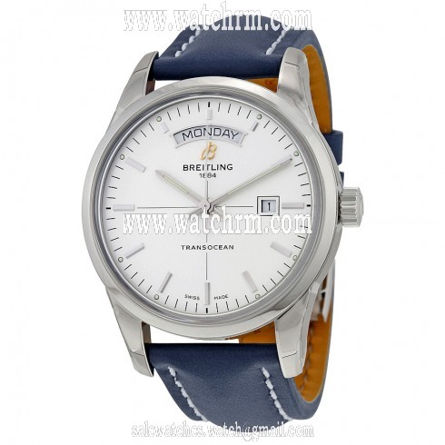 Breitling Transocean Day & Date Automatic Silver Dial Blue Leather Men's Watch A4531012-G751BLLT