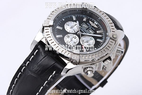 Breitling Windrider Chronomat Evolution Steel Round Black Crocodile Leather Strap Mens Watch