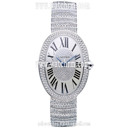 Cartier Baignoire Silver Diamond Dial 18kt White Gold Ladies Watch WB520018