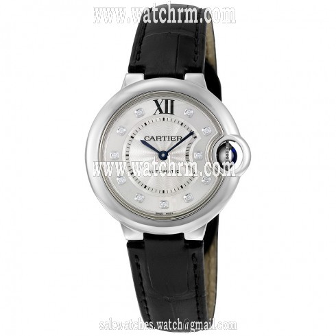 Cartier Ballon Bleu Automatic Silver Dial Diamond Black Leather Ladies Watch W4BB0009