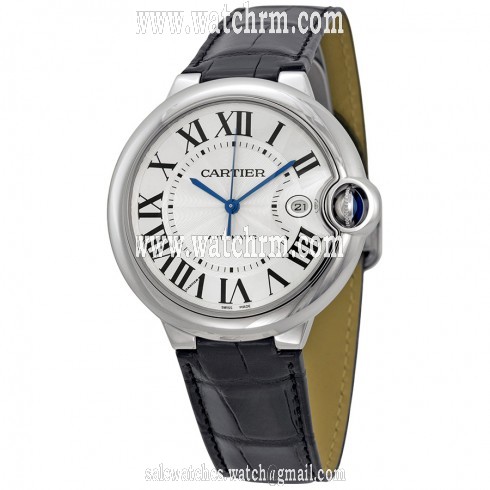 Cartier Ballon Bleu Automatic Silver Dial Stainless Steel Black Leather Men's Watch W69016Z4