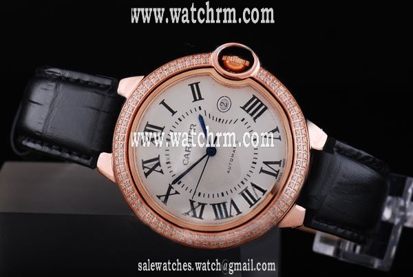 Cartier Ballon Bleu de Cartier WE900751 Mens Black Cow Leather Strap Diamond Bezel Watch