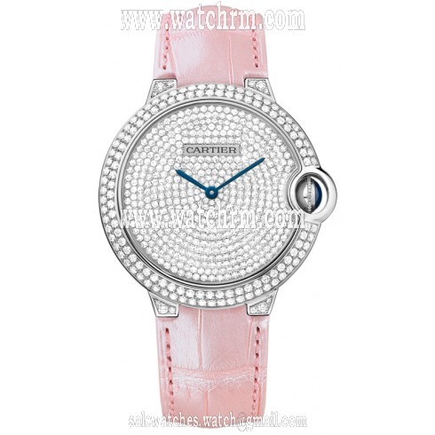 Cartier Ballon Bleu Diamond Pave Dial Pink Leather Ladies Watch WE902042