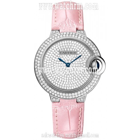 Cartier Ballon Bleu Diamond Pave Dial Pink Leather Ladies Watch WE902047