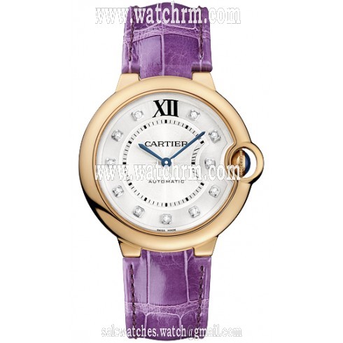 Cartier Ballon Bleu Silver Dial 18kt Rose Gold Purple Leather Unisex Watch WE902028