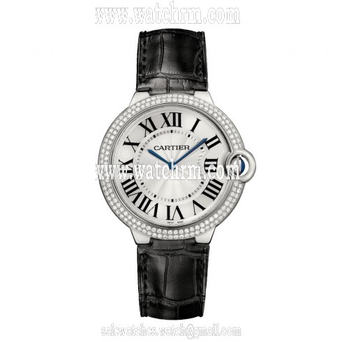 Cartier Ballon Bleu Silver Dial Alligator Leather Diamond Mens Watch WE902056