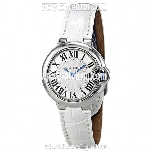 Cartier Ballon Bleu Silver Dial Stainless Steel White Leather Ladies Watch W6920086