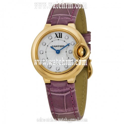 Cartier Ballon Bleu Silver Diamond Dial 18kt Rose Gold Purple Leather Ladies Watch WE902050
