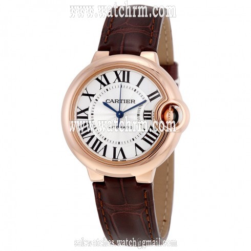 Cartier Balloon Bleu Silvered Opaline Flinque Dial Brown Leather Men's Watch W6920097