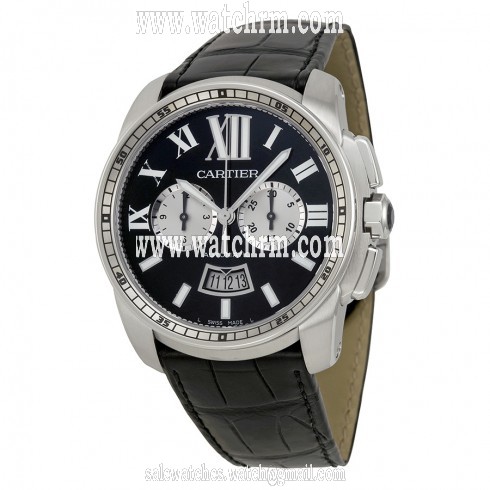 Cartier Calibre De Cartier Black Dial Black Leather Men's Watch W7100060