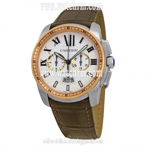 Cartier Calibre De Cartier Silver Dial Stainless Steel 18kt Pink Gold Brown Alligator Men's Watch W7100043